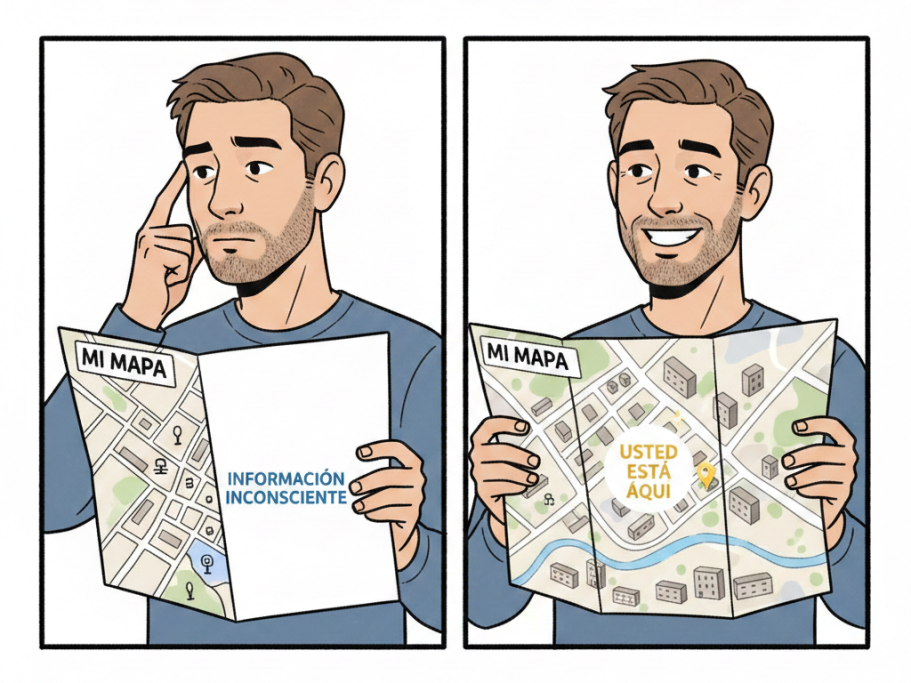 Con la información de creencias, programaciones, lealtades..., vemos dónde estamos a nivel emocional en una situación para saber dónde ir